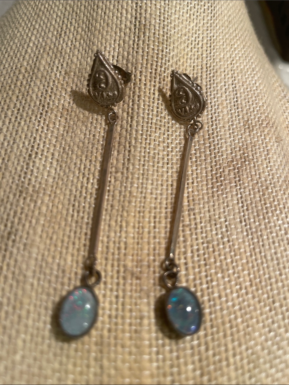 Sterling Silver Long Drop Earrings with Blue Opal Style Accent